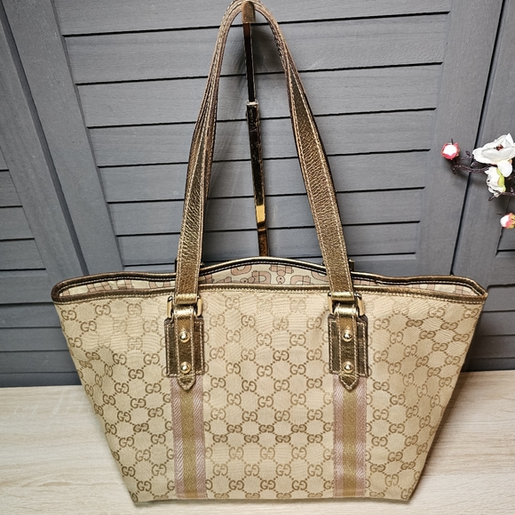 Authentic GUCCI Monogram GG Canvas Jolicoeur Pink and Gold Tote - Picture 3 of 14